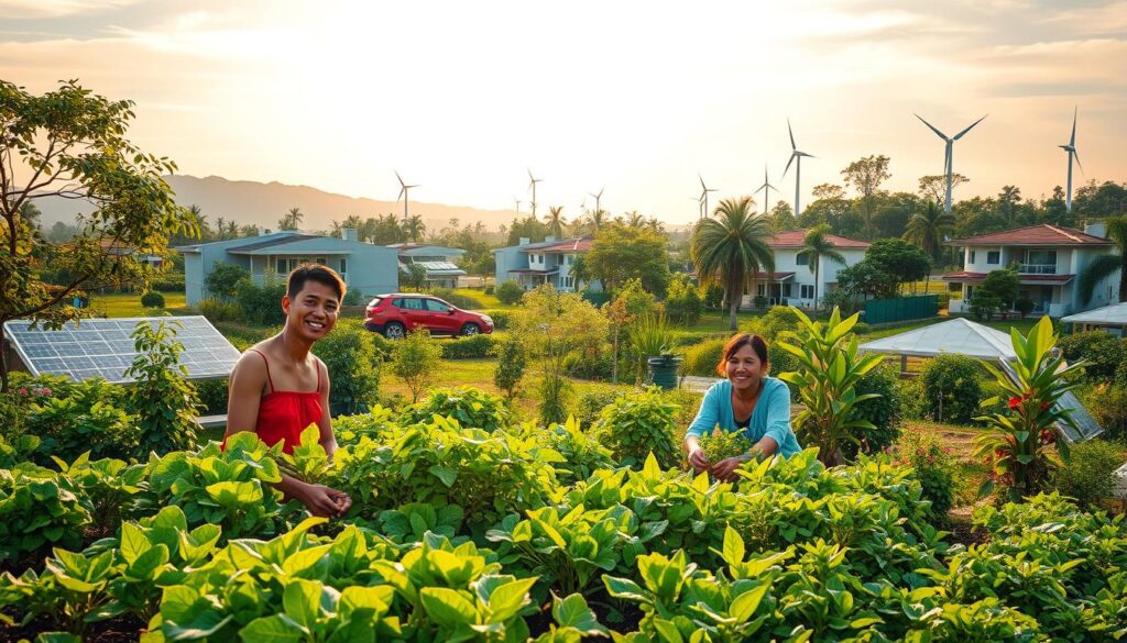 A lush, verdant landscape dotted with thriving greenery and sustainable practices. In the foreground, a community garden bursting with vibrant vegetables and herbs, tended by smiling locals. Behind, a solar-powered residential area with sleek, energy-efficient homes blends seamlessly into the environment. Overhead, a clear sky bathed in warm, golden light casts a serene, hopeful atmosphere. In the distance, a modern water treatment facility and wind turbines showcase Indonesia's commitment to renewable energy and environmental stewardship. This image embodies the positive, community-driven "Praktik Baik Lingkungan" that inspire environmental awareness and sustainable living.