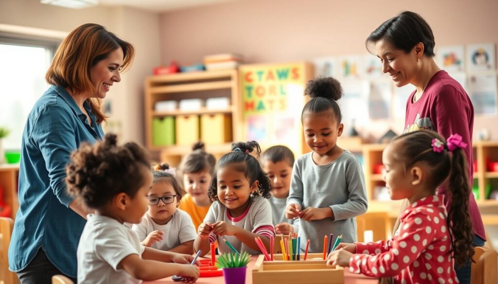 A vibrant and collaborative scene of a kindergarten classroom. In the foreground, a teacher and a parent are working together, discussing lesson plans and sharing ideas. Their body language exudes warmth and engagement, creating a sense of partnership. In the middle ground, children of diverse backgrounds are engaged in various hands-on learning activities, their faces lit with excitement. The classroom is bathed in soft, natural light filtering through large windows, lending a inviting and nurturing atmosphere. Shelves of educational materials and colorful wall displays in the background reinforce the educational setting. The overall impression conveys the importance of the early childhood education and the crucial role of both teachers and parents in supporting children's growth and development.