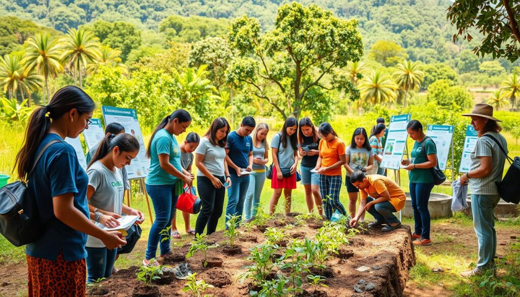 A vibrant outdoor scene of an environmental training event organized by an NGO. In the foreground, a group of people, diverse in age and background, engaged in hands-on activities like planting seedlings or cleaning up litter. Mid-ground features informative displays, posters, and educational materials. The background showcases a lush, verdant landscape, perhaps with a backdrop of trees or a community garden. Warm, natural lighting illuminates the scene, creating a sense of energy and purpose. The overall atmosphere conveys a spirit of community, education, and environmental stewardship.