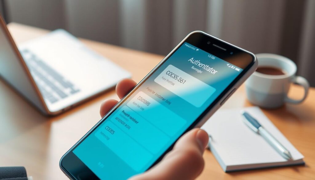 A close-up view of a smartphone displaying the Google Authenticator app interface, showcasing the app's distinctive design with multiple codes ready for various applications. The foreground features a sleek, modern phone held in a professional hand, dressed in business attire, with subtle reflections on the screen highlighting the app's interface. In the background, a softly blurred workspace with a laptop, a cup of coffee, and a notepad, creating a calm and focused atmosphere. The lighting is warm and inviting, with a gentle focus on the phone screen, emphasizing the app's significance in digital security. The mood is professional and informative, ideal for illustrating the theme of two-step verification.