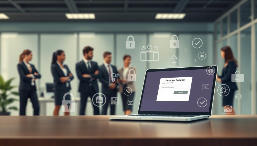 A digital illustration showcasing "account security tips". In the foreground, a diverse group of professionals, dressed in smart business attire, is engaged in a focused discussion around a laptop displaying a two-step verification interface. The middle ground features various visual representations of security features, like locks, shields, and checkmarks, symbolizing strong account protection. In the background, a modern office environment with soft, ambient lighting creates a calm and secure atmosphere, emphasizing professionalism and safety. The lens effect should capture a slight depth of field, drawing attention to the group while softly blurring the background elements, enhancing the overall mood of vigilance and care towards digital security.