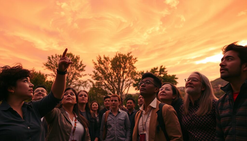 A group of diverse residents, captured in professional casual attire, stands outside, gazing up in awe at a striking red sky filled with swirling clouds. In the foreground, a few people point upwards, while others have expressive faces that reflect a mixture of concern and curiosity. The middle ground features trees swaying slightly in the breeze, enhancing the scene's dynamism. In the background, a hint of a small town silhouette is visible under the dramatic sky. The lighting is warm yet eerie, casting an orange glow that accentuates the residents' emotions. The atmosphere is charged with tension and fascination, evoking a sense of urgency blended with wonder—a visual representation of their reactions to the extraordinary event above them.