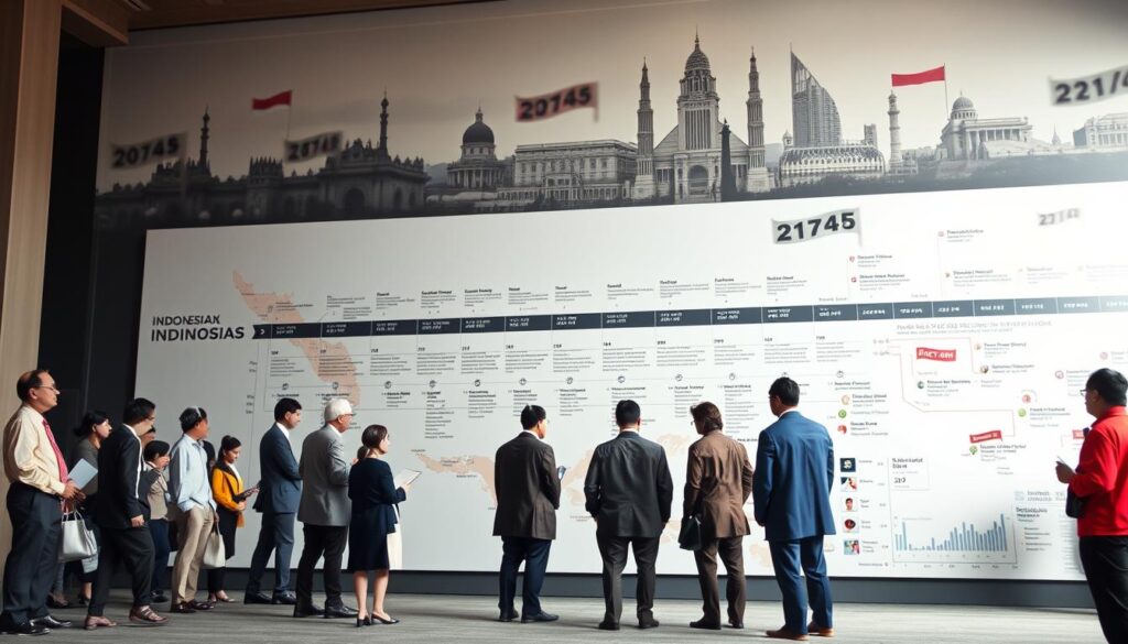 A historical analysis of Indonesian elections in a visually engaging setting. In the foreground, a diverse group of scholars in professional attire study a large map of Indonesia, marking key locations with significant electoral events. In the middle ground, a detailed timeline showcases major political milestones, with subtle imagery of economic graphs indicating fluctuations and impacts. The background features iconic Indonesian landmarks, slightly blurred, signifying the nation's history. Soft, diffused lighting creates a thoughtful atmosphere, while a slightly elevated angle captures the entire scene, providing depth and context. The overall mood should be reflective and analytical, highlighting the connection between politics and economics in Indonesia's evolution. A historical analysis of Indonesian elections in a visually engaging setting. In the foreground, a diverse group of scholars in professional attire study a large map of Indonesia, marking key locations with significant electoral events. In the middle ground, a detailed timeline showcases major political milestones, with subtle imagery of economic graphs indicating fluctuations and impacts. The background features iconic Indonesian landmarks, slightly blurred, signifying the nation's history. Soft, diffused lighting creates a thoughtful atmosphere, while a slightly elevated angle captures the entire scene, providing depth and context. The overall mood should be reflective and analytical, highlighting the connection between politics and economics in Indonesia's evolution.