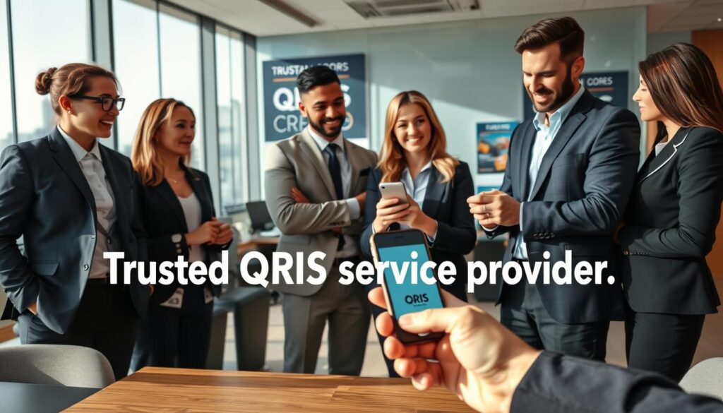 A professional business setting featuring a trusted QRIS service provider. In the foreground, a confident, diverse group of individuals in smart business attire, engaged in a friendly discussion while examining a smartphone displaying a QRIS code. In the middle ground, a sleek, modern office space adorned with tech elements and QRIS promotional materials, showcasing trust and reliability. The background features a large window with a city skyline view, indicating a bustling business environment. Soft, natural lighting illuminates the scene, casting gentle shadows and creating a welcoming atmosphere. The image conveys professionalism, innovation, and trustworthiness, ideal for showcasing a reputable QRIS service provider. A professional business setting featuring a trusted QRIS service provider. In the foreground, a confident, diverse group of individuals in smart business attire, engaged in a friendly discussion while examining a smartphone displaying a QRIS code. In the middle ground, a sleek, modern office space adorned with tech elements and QRIS promotional materials, showcasing trust and reliability. The background features a large window with a city skyline view, indicating a bustling business environment. Soft, natural lighting illuminates the scene, casting gentle shadows and creating a welcoming atmosphere. The image conveys professionalism, innovation, and trustworthiness, ideal for showcasing a reputable QRIS service provider.