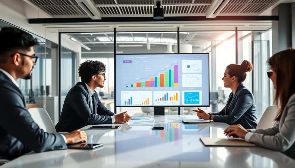 A professional business setting focusing on effective business development strategies. In the foreground, a diverse group of three business professionals, dressed in smart, business attire, engaged in a dynamic brainstorming session around a sleek conference table. The middle ground features a large digital screen displaying colorful charts and graphs illustrating growth metrics. The background shows a modern office with floor-to-ceiling windows, letting in natural light that casts soft shadows, creating an inviting atmosphere. The overall mood is collaborative and inspiring, emphasizing teamwork and innovation. The camera angle is slightly elevated, providing a comprehensive view of the interaction and visual elements, ensuring a clear focus on the professionals developing their strategies. A professional business setting focusing on effective business development strategies. In the foreground, a diverse group of three business professionals, dressed in smart, business attire, engaged in a dynamic brainstorming session around a sleek conference table. The middle ground features a large digital screen displaying colorful charts and graphs illustrating growth metrics. The background shows a modern office with floor-to-ceiling windows, letting in natural light that casts soft shadows, creating an inviting atmosphere. The overall mood is collaborative and inspiring, emphasizing teamwork and innovation. The camera angle is slightly elevated, providing a comprehensive view of the interaction and visual elements, ensuring a clear focus on the professionals developing their strategies.