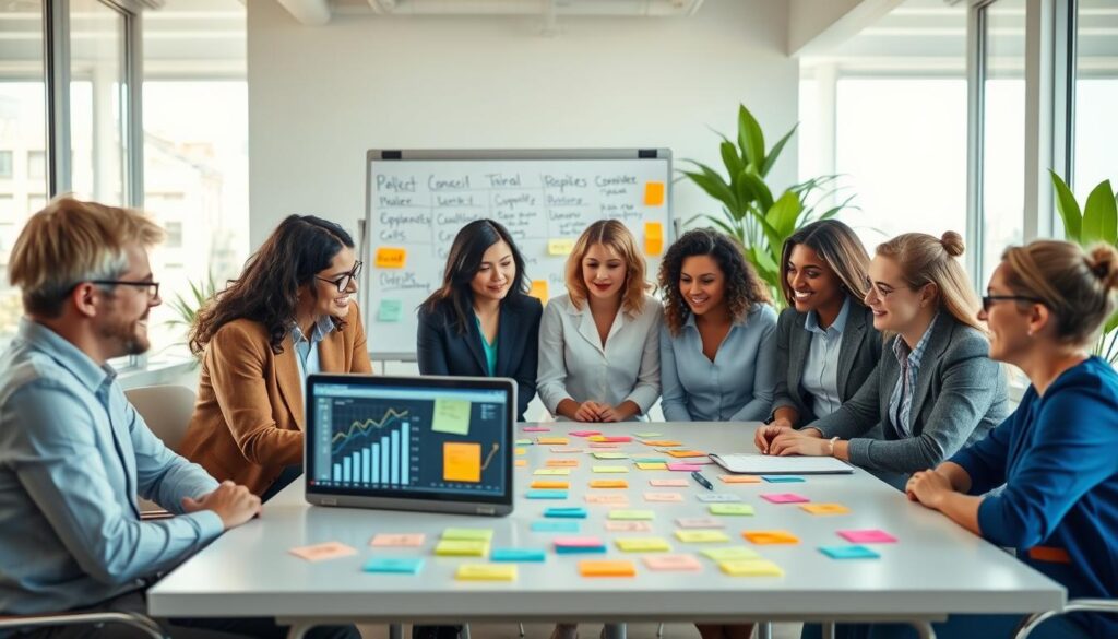 A professional setting depicting a diverse group of individuals engaged in a brainstorming session about selecting the right type of online business. In the foreground, a mixed-gender team is gathered around a modern conference table, examining a laptop displaying digital business graphs and an online marketplace interface. The middle ground showcases colorful sticky notes on a whiteboard, highlighting various online business types like e-commerce, consulting, and digital marketing. The background consists of a well-lit office with large windows, letting in natural light, and plants adding a touch of greenery. The atmosphere is energetic and collaborative, emphasizing innovation and strategic thinking. The scene is shot from a slight high angle to capture the dynamics of the discussion, with a focus on their engaged expressions and professional attire.