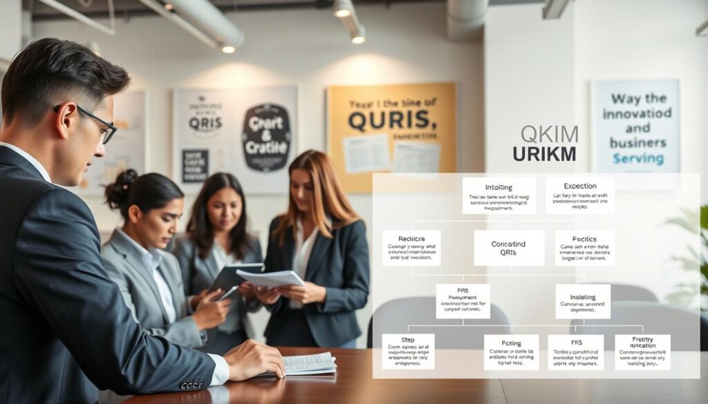 A professional workspace depicting the process of creating QRIS for UMKM (Small and Medium Enterprises). In the foreground, a diverse group of individuals in professional business attire, focused on a computer and discussing QRIS generation steps, holding tablets and papers with diagrams. In the middle ground, a clear layout of a flowchart illustrating each step of the QRIS creation process, visually engaging and well-organized. The background features a clean, modern office environment with motivational posters about innovation and entrepreneurship. Soft, natural lighting illuminates the space, enhancing the collaborative atmosphere and highlighting the engaging discussions. The overall mood should be professional and productive, encouraging growth and technological advancement for local businesses. A professional workspace depicting the process of creating QRIS for UMKM (Small and Medium Enterprises). In the foreground, a diverse group of individuals in professional business attire, focused on a computer and discussing QRIS generation steps, holding tablets and papers with diagrams. In the middle ground, a clear layout of a flowchart illustrating each step of the QRIS creation process, visually engaging and well-organized. The background features a clean, modern office environment with motivational posters about innovation and entrepreneurship. Soft, natural lighting illuminates the space, enhancing the collaborative atmosphere and highlighting the engaging discussions. The overall mood should be professional and productive, encouraging growth and technological advancement for local businesses.