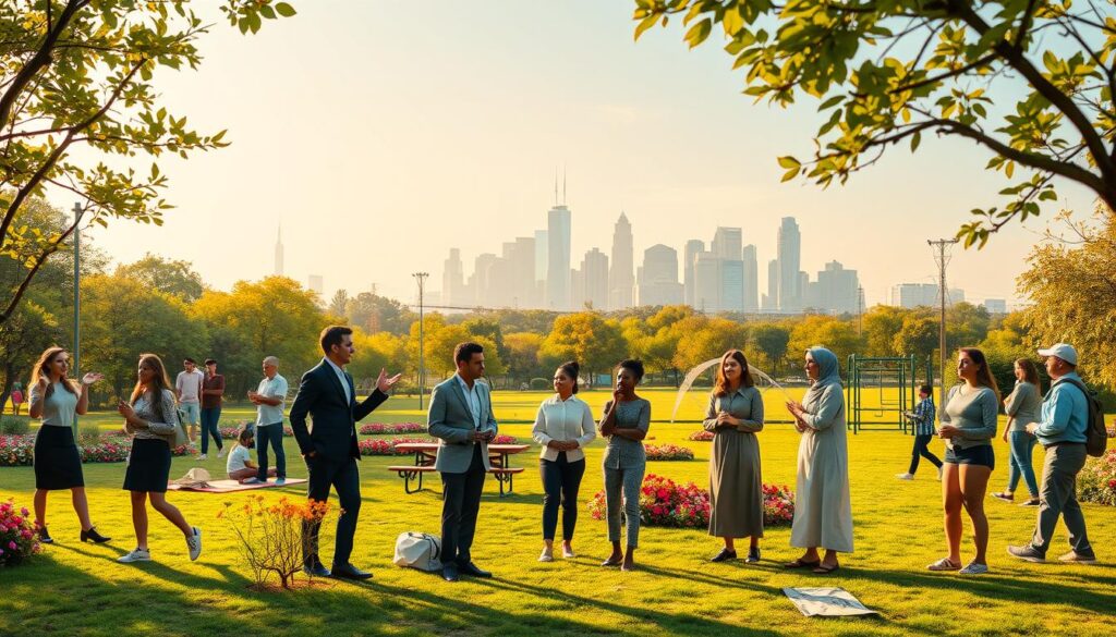 A serene and inviting scene depicting ten practical steps to a healthy lifestyle. In the foreground, a diverse group of individuals, dressed in professional business attire and modest casual clothing, are engaged in activities such as exercising, preparing nutritious meals, meditating, and socializing. The middle ground features a lush green park with bright flowers, picnic areas, and fitness stations. In the background, a vibrant skyline suggests a healthy urban environment. The lighting is warm and golden, suggesting early morning or late afternoon, casting soft shadows and creating an uplifting atmosphere. The overall mood is inspiring and motivating, conveying the joy of living a healthy lifestyle through community interaction and personal wellness activities.