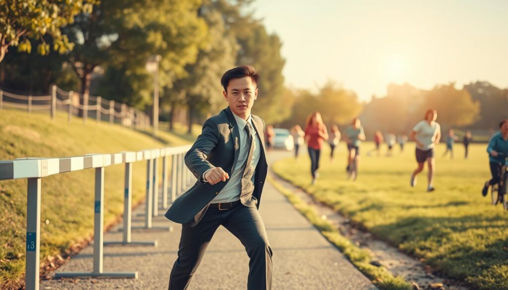 A serene scene depicting an individual overcoming obstacles to maintain a healthy lifestyle. In the foreground, a determined person dressed in professional business attire is navigating a path lined with hurdles representing common challenges like fast food, sedentary habits, and stress. The middle ground features a vibrant community park with people engaging in activities like jogging, cycling, and practicing yoga, symbolizing support and community. In the background, bright skies and greenery suggest hope and vitality. Soft, warm lighting enhances the atmosphere, creating a motivational tone. The angle captures both the individual’s focused expression and the bustling activity, emphasizing the pursuit of a healthy lifestyle against all odds.