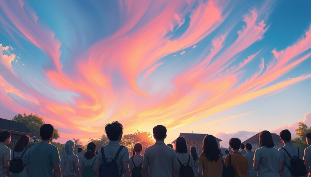 A stunning illustration depicting the phenomenon of Rayleigh scattering in sunlight, capturing the vibrant hues of a surreal sky over Pandeglang. In the foreground, a diverse group of people, dressed in modest casual clothing, gaze up in awe at the skyscape. The middle ground features trees and buildings subtly illuminated by the sunlight, which casts a warm, golden glow across the scene. The background showcases a striking gradient of blue, orange, and pink tones swirling in the sky, embodying the scientific explanation of the atmospheric phenomenon. The mood is one of curiosity and wonder, with soft, diffused lighting enhancing the ethereal feeling of this natural occurrence. The angle is slightly upward, emphasizing the expansive sky while keeping the people's reactions prominently in view.