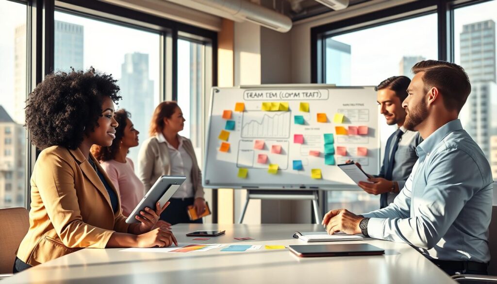 A vibrant and dynamic business meeting scene showcasing team development. In the foreground, a diverse group of four professionals in business attire, engaged in a lively discussion around a modern conference table. One person, a Black woman with short curly hair, presents ideas on a digital tablet, while a Caucasian man takes notes. In the middle ground, a large whiteboard features colorful charts and post-it notes that illustrate growth strategies. The background includes large windows with city views, letting in warm, natural light that creates an inviting atmosphere. The image conveys a sense of collaboration and innovation, emphasizing the importance of team development for long-term business success. The composition is well-balanced, captured with a slight perspective angle to enhance depth. A vibrant and dynamic business meeting scene showcasing team development. In the foreground, a diverse group of four professionals in business attire, engaged in a lively discussion around a modern conference table. One person, a Black woman with short curly hair, presents ideas on a digital tablet, while a Caucasian man takes notes. In the middle ground, a large whiteboard features colorful charts and post-it notes that illustrate growth strategies. The background includes large windows with city views, letting in warm, natural light that creates an inviting atmosphere. The image conveys a sense of collaboration and innovation, emphasizing the importance of team development for long-term business success. The composition is well-balanced, captured with a slight perspective angle to enhance depth.
