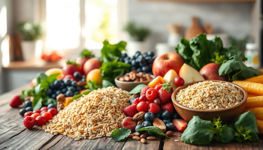 A vibrant and inviting display of high-fiber foods on a rustic wooden table. In the foreground, a colorful assortment of whole grains, such as quinoa and brown rice, alongside a variety of fresh fruits like berries and apples, and a mix of leafy greens such as spinach and kale. In the middle ground, a small bowl of nuts and seeds adds texture and color to the scene. The background features a soft-focus kitchen setting with natural light streaming in through a window, casting gentle shadows. The mood is warm and nourishing, creating an atmosphere of healthy living and natural wellness. The image should be bright and appetizing with clear details to showcase the nutritious ingredients.