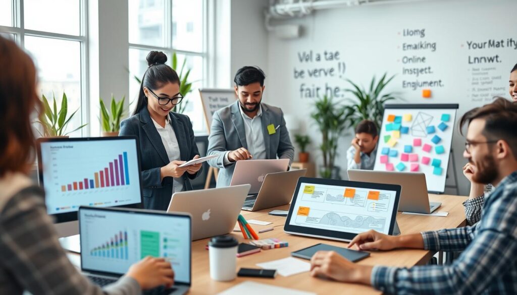 A vibrant modern workspace featuring a diverse group of professionals collaborating on laptops. In the foreground, a young woman in smart business attire is taking notes on a notepad while looking at a screen displaying online sales analytics. Beside her, a man in casual business wear is pointing to a digital marketing plan on a large tablet. The middle ground includes a brainstorming session with colorful post-it notes and charts on a whiteboard. The background showcases a bright and welcoming office environment with large windows letting in natural light, potted plants for a touch of greenery, and motivational quotes on the walls. The overall atmosphere conveys energy, teamwork, and innovation, emphasizing the growth potential of online business development. Soft, diffused lighting enhances the warm and inviting mood.