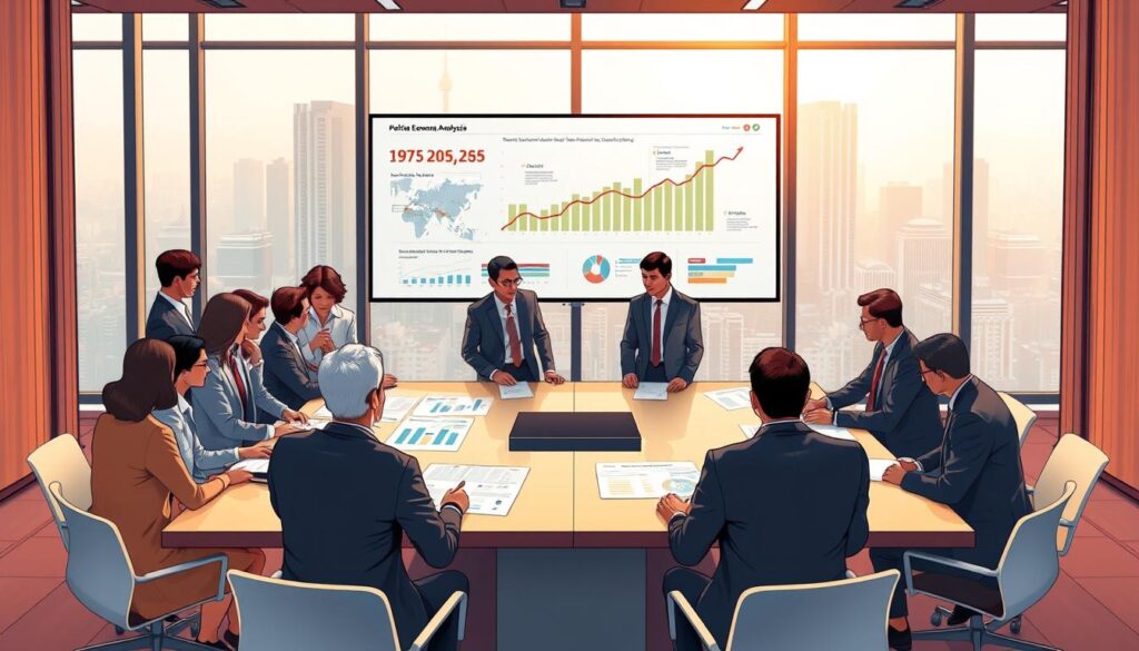 An intricate illustration representing "Political Economy Analysis" in a professional setting. In the foreground, a diverse group of economists and political analysts, dressed in business attire, gather around a large, modern conference table with charts and graphs laid out. In the middle ground, a sleek digital screen displays data visualizations related to Indonesia's economy and political landscape. The background features a large window with a cityscape view of Jakarta, under warm, natural morning light. The atmosphere is focused and collaborative, reflecting an environment of deep discussion and critical thinking, emphasizing the theoretical underpinnings of political economy. The image captures the essence of analysis with a clear, engaging composition. An intricate illustration representing "Political Economy Analysis" in a professional setting. In the foreground, a diverse group of economists and political analysts, dressed in business attire, gather around a large, modern conference table with charts and graphs laid out. In the middle ground, a sleek digital screen displays data visualizations related to Indonesia's economy and political landscape. The background features a large window with a cityscape view of Jakarta, under warm, natural morning light. The atmosphere is focused and collaborative, reflecting an environment of deep discussion and critical thinking, emphasizing the theoretical underpinnings of political economy. The image captures the essence of analysis with a clear, engaging composition.