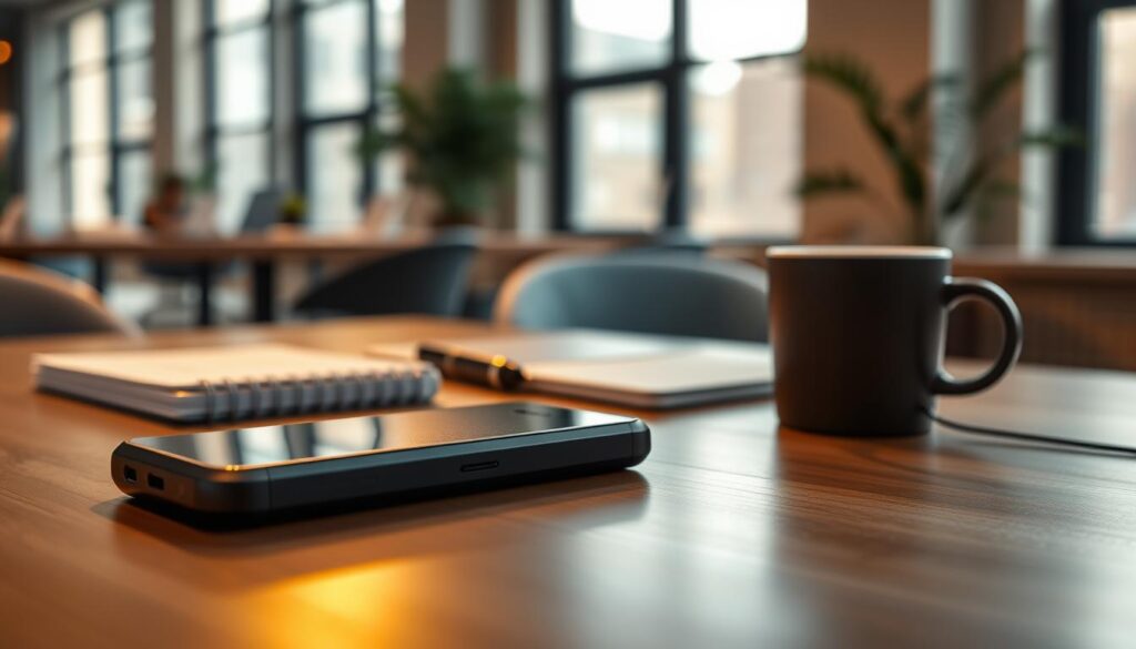 A sleek and modern power bank wireless charger sits prominently in the foreground, showcasing its smooth, minimalist design with a matte finish and subtle LED indicators. The device is elegantly positioned on a stylish wooden desk alongside a high-tech smartphone, demonstrating its practical use. In the middle ground, blurred office supplies like notebooks and a stylish pen hint at a productive workspace. The background features a softly lit, contemporary office setting with large windows letting in natural light, creating an inviting atmosphere. The scene is captured with a shallow depth of field to keep the focus on the charger while adding a sense of depth. Warm lighting enhances the modern gadget's appeal, reflecting an atmosphere of productivity and efficiency without distractions.